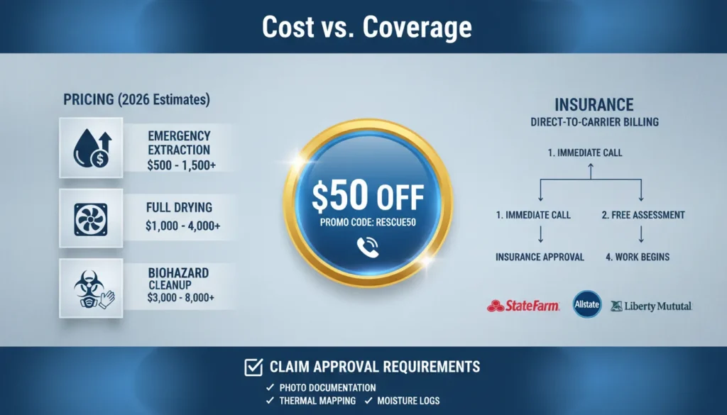 Professional water damage restoration cost breakdown showing industrial extraction pricing and a direct insurance claim checklist for Miami homeowners.