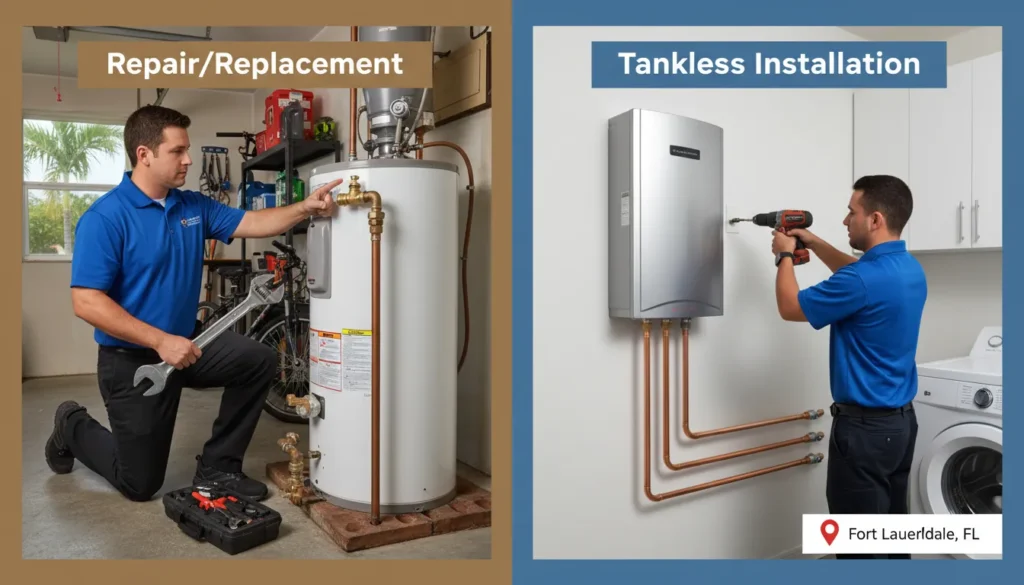 Professional plumber performing a tankless water heater installation and a traditional tank repair in a Fort Lauderdale home, showcasing comprehensive local hot water solutions.