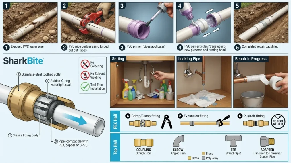 Infographic showing different types of PEX plumbing fittings including crimp, expansion, and push-fit connections with labeled coupling, elbow, tee, and adapter shapes