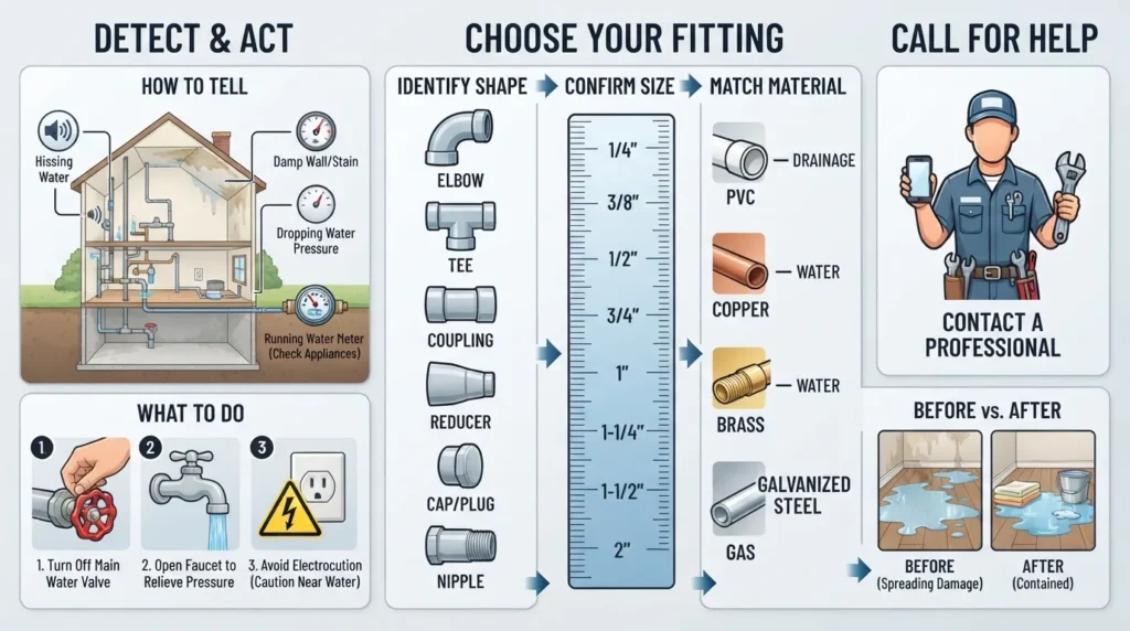 Visual chart comparing common pipe fitting types such as elbows, tees, couplings, and reducers alongside standard sizes and materials including PVC, copper, and steel