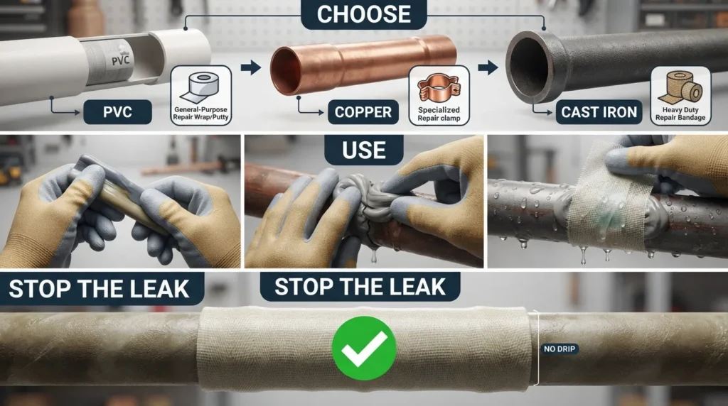Hands applying a two-part epoxy putty and fiberglass wrap pipe repair kit onto a leaking pipe to seal a crack