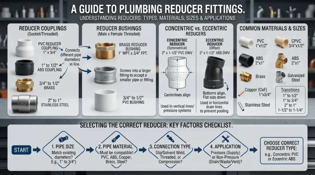 Plumbing reducer fittings showing different types, sizes, materials, uses, and how to choose the right reducer