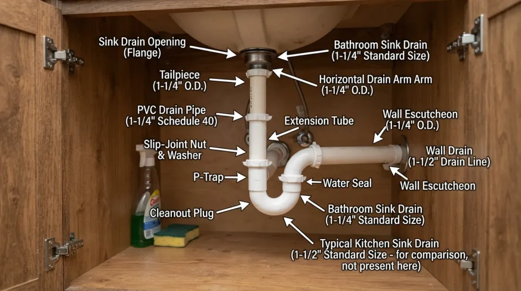 Diagram showing sink PVC pipe sizes, tailpiece, P-trap, drain fittings, slip-joint connections, and under-sink drain layout