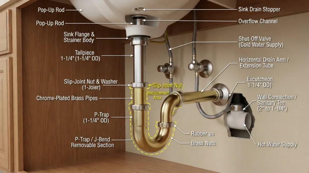 Sink pipe diagram showing common sizes, drain parts, pipe types, P-trap, tailpiece, and replacement connections