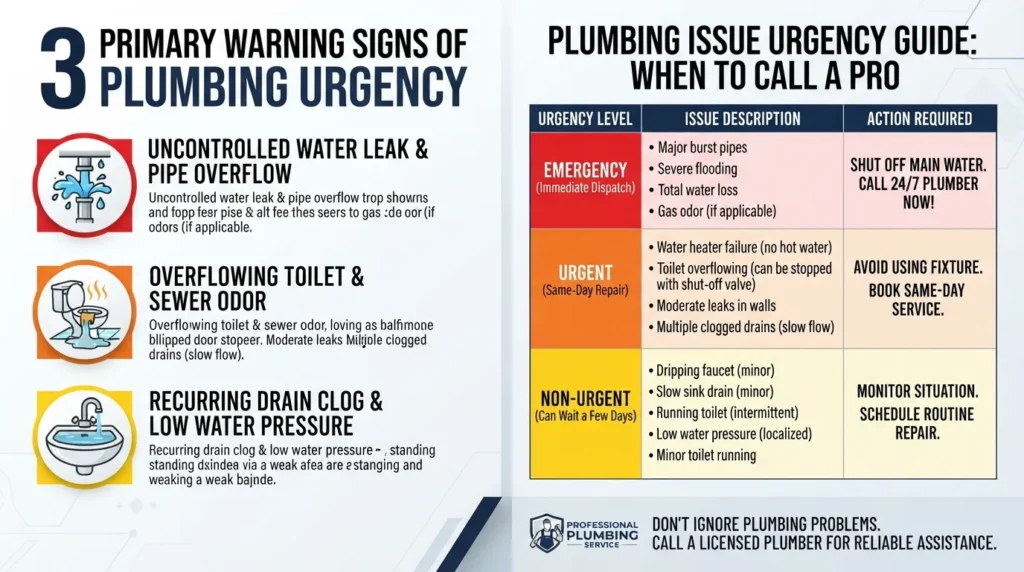 Infographic illustrating three urgent plumbing warning signs and a quick urgency guide comparing emergency repairs versus issues that can wait.