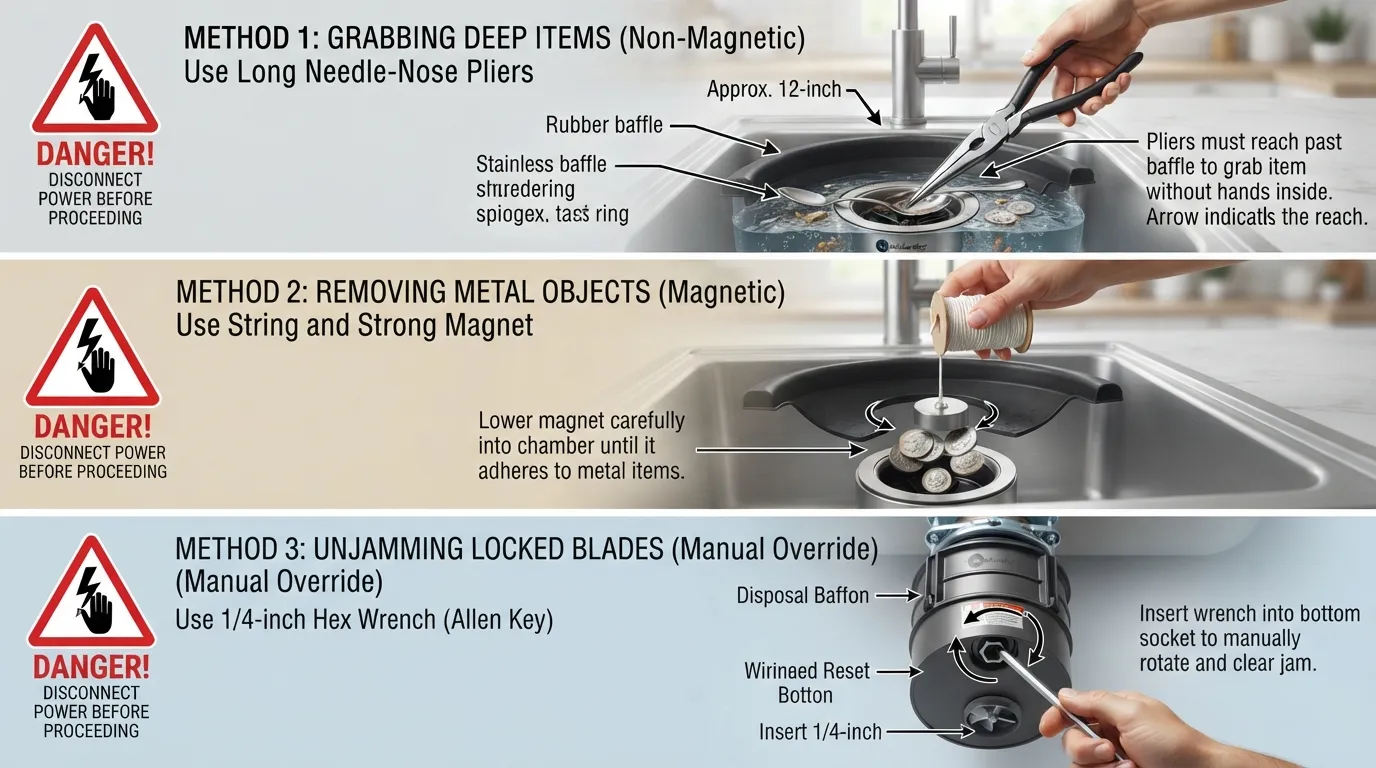 Step-by-step visual guide showing three safe methods to retrieve dropped items from a kitchen garbage disposal using pliers, a magnet, and a hex wrench.