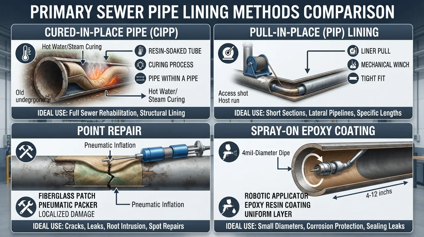 Infographic illustrating the four main trenchless sewer pipe lining methods for cracked pipes, including CIPP, pull-in-place, point repair, and spray-on epoxy.