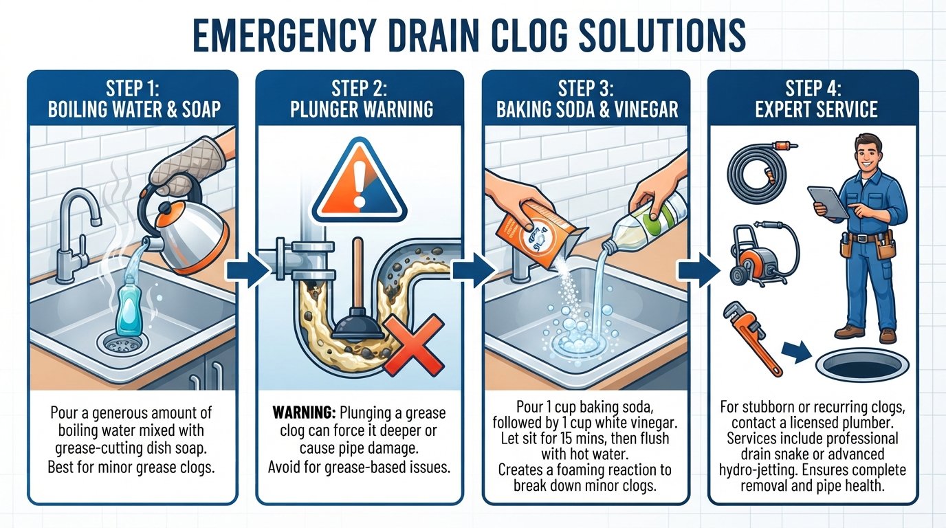 Emergency step-by-step guide showing what to do immediately after pouring cooking oil down a kitchen sink drain to prevent clogged pipes.