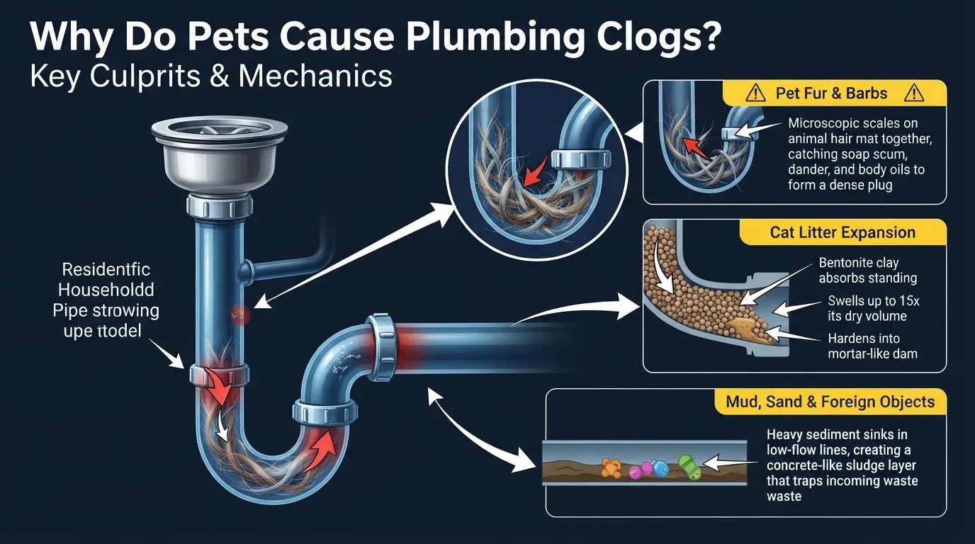 Diagram illustrating how pet hair mats, bentonite cat litter, mud, and foreign objects create pipe blockages inside household plumbing.
