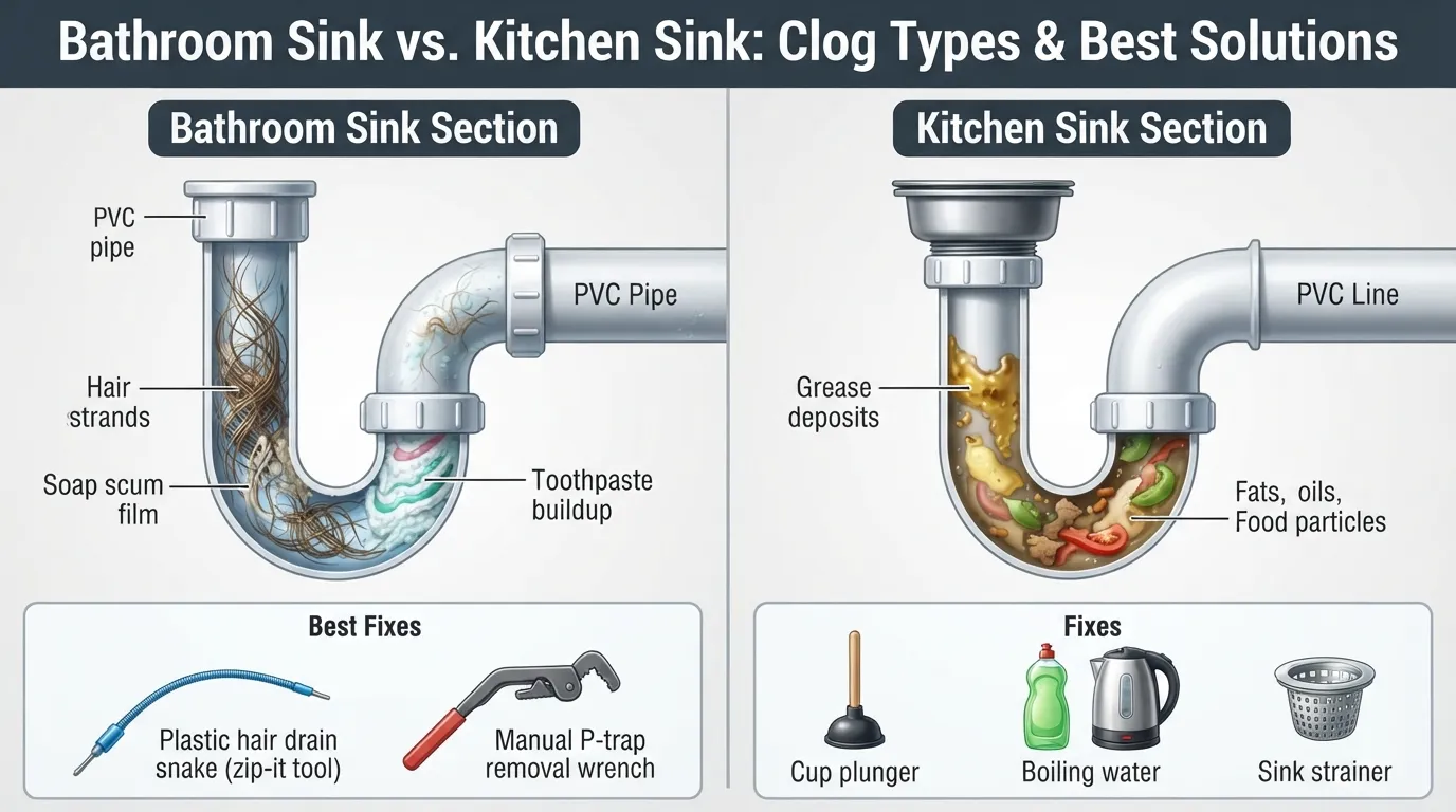 Side-by-side comparison diagram showing common causes of bathroom sink clogs like hair and soap scum versus kitchen sink clogs like grease and food waste, along with their respective removal tools.