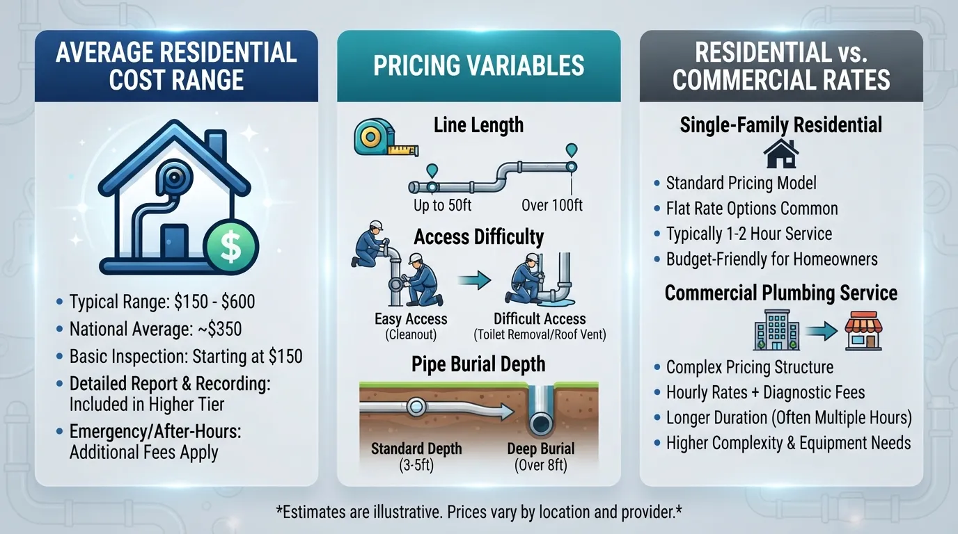 Infographic detailing the average cost range, pricing factors like pipe depth and length, and residential versus commercial rates for a sewer camera inspection.