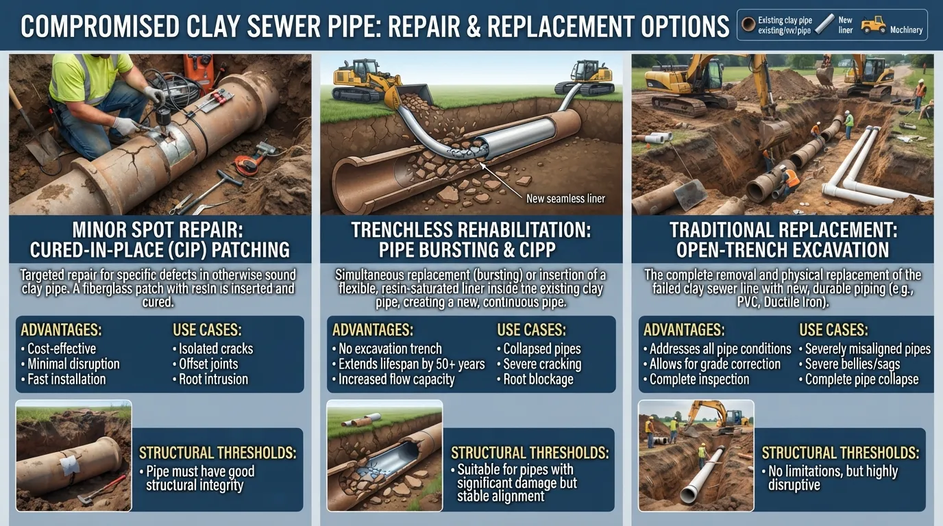 Professional plumber examining underground clay sewer pipe options, comparing trenchless repair methods and full excavation replacement.