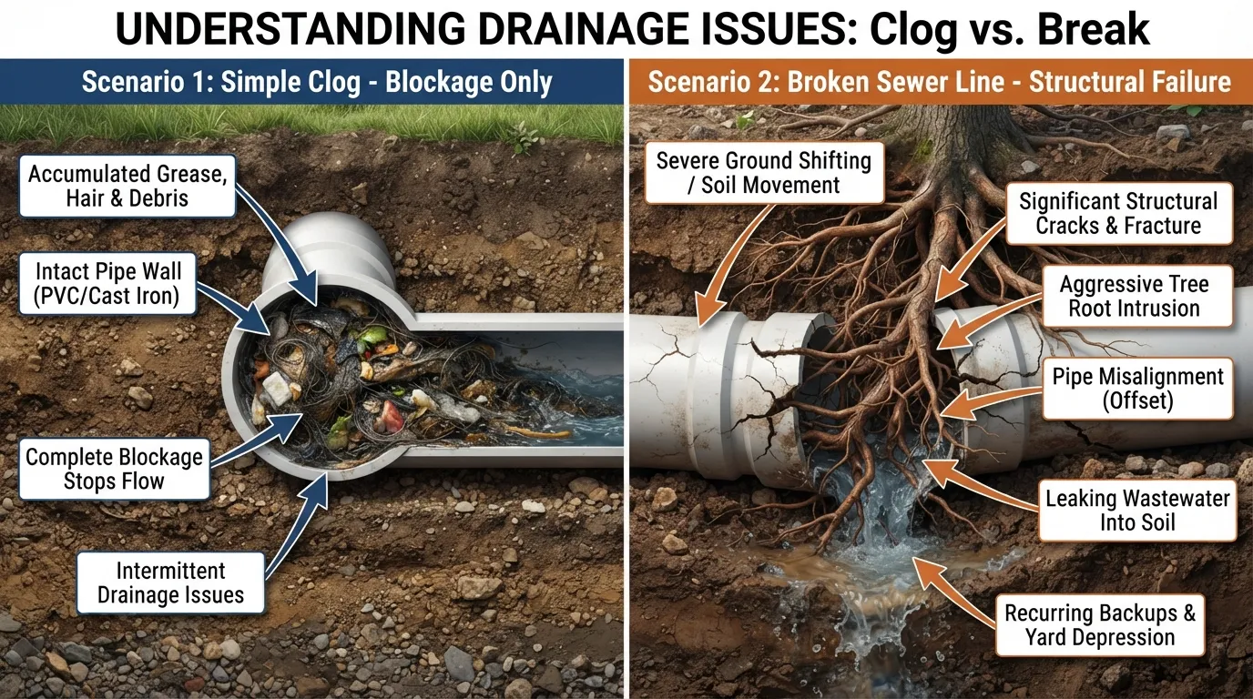 Infographic comparing a clogged sewer line caused by grease buildup versus a broken sewer line caused by tree root intrusion and pipe collapse.