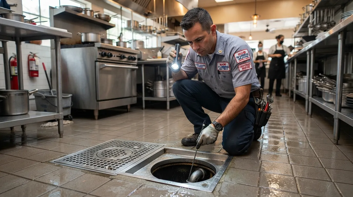 A commercial plumber inspecting a heavy-duty commercial floor drain in a Miami business kitchen to prevent clogging and backups.