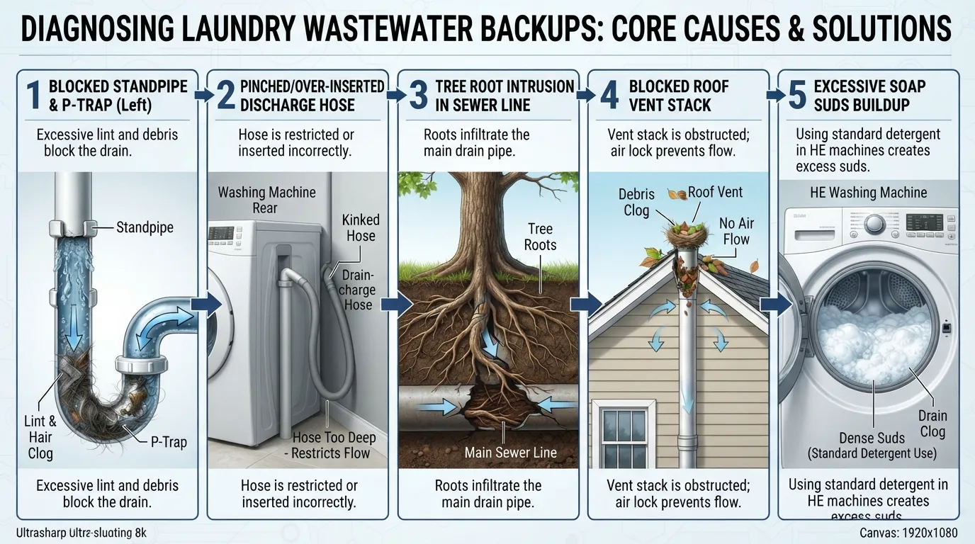Diagram illustrating the common causes of a washing machine drain overflow, including clogged standpipes, kinking drain hoses, main sewer line blockages, and excess HE detergent suds.