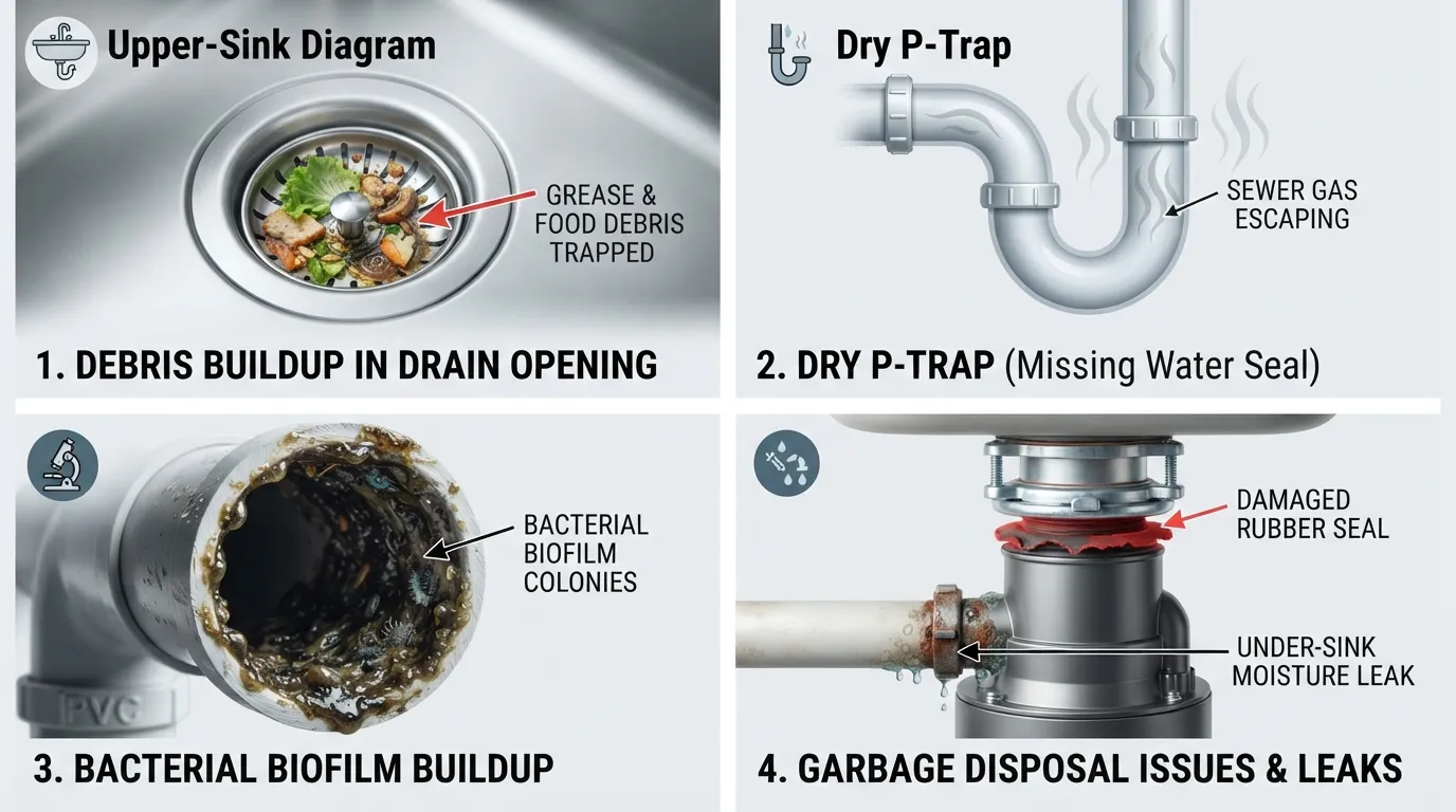 Infographic illustrating the common causes of a smelly sink drain, including grease buildup, empty P-traps, biofilm, and faulty garbage disposal seals.