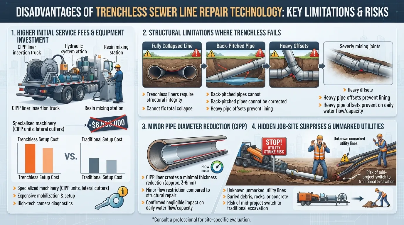 Infographic outlining the disadvantages of trenchless sewer line repair, including higher upfront costs, structural limitations for collapsed pipes, minor diameter reduction, and hidden utility risks.