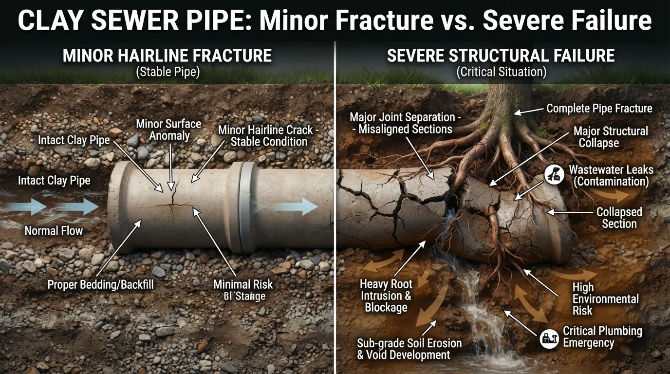 Close-up view of a severely cracked vitrified clay sewer pipe showing structural failure, root intrusion risks, and underground pipe damage.