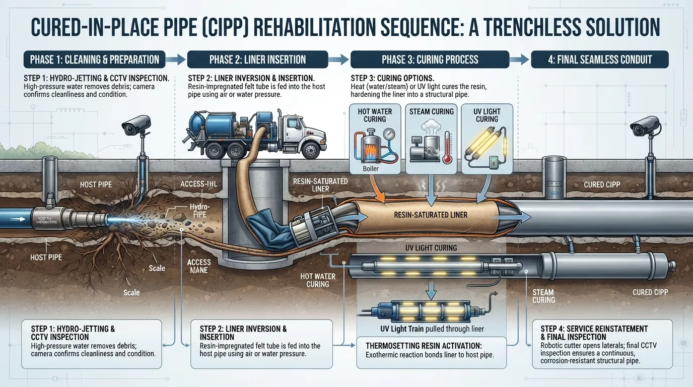 Cross-section diagram illustrating a resin-soaked felt liner being inverted and cured inside a damaged underground sewer pipe.