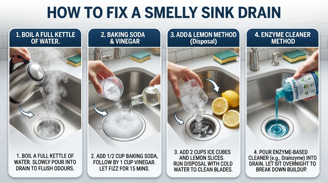 Person pouring baking soda and white vinegar down a kitchen sink drain to fix a bad odor naturally.