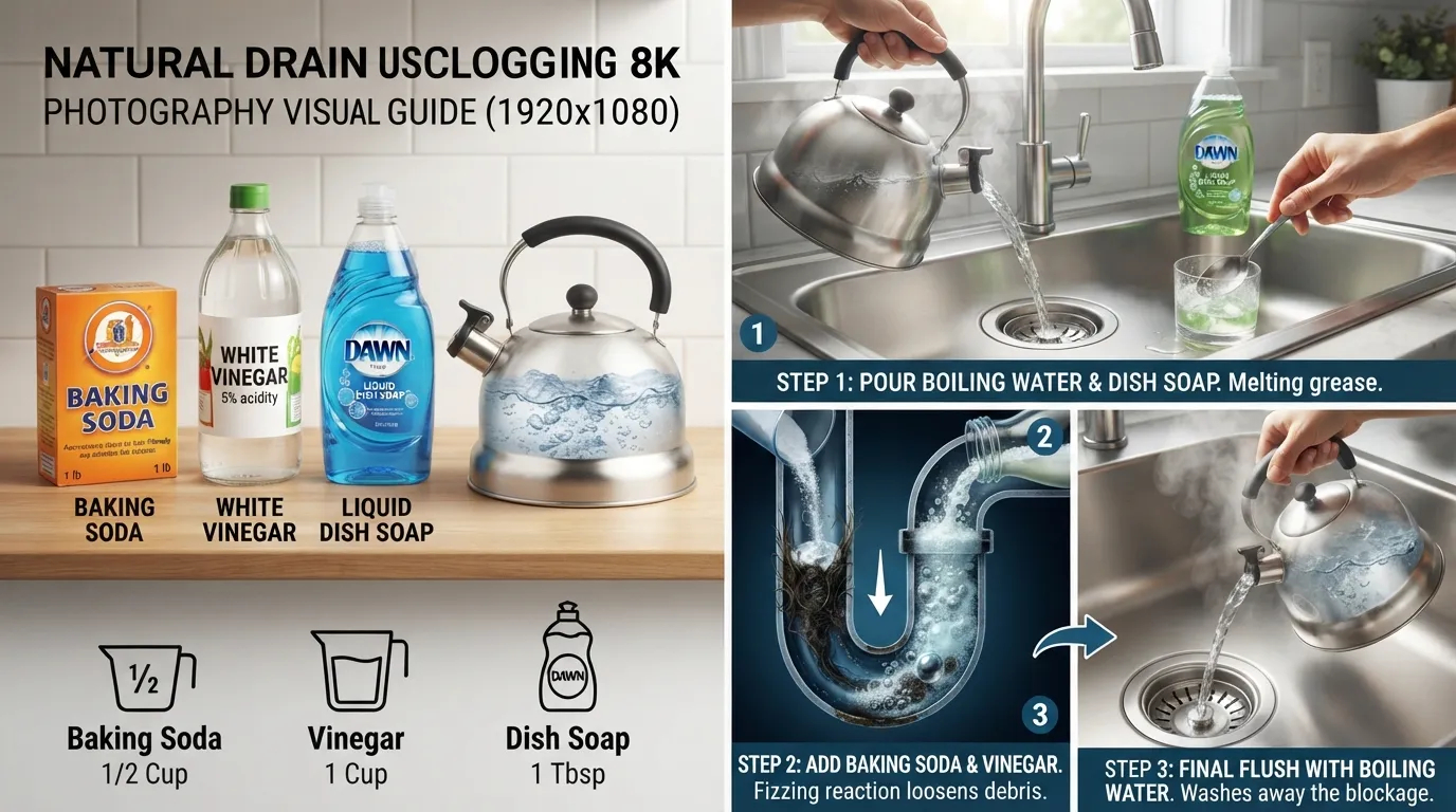 A visual guide to natural drain cleaning showing baking soda, white vinegar, and a kettle of boiling water being used to clear a clogged kitchen sink.