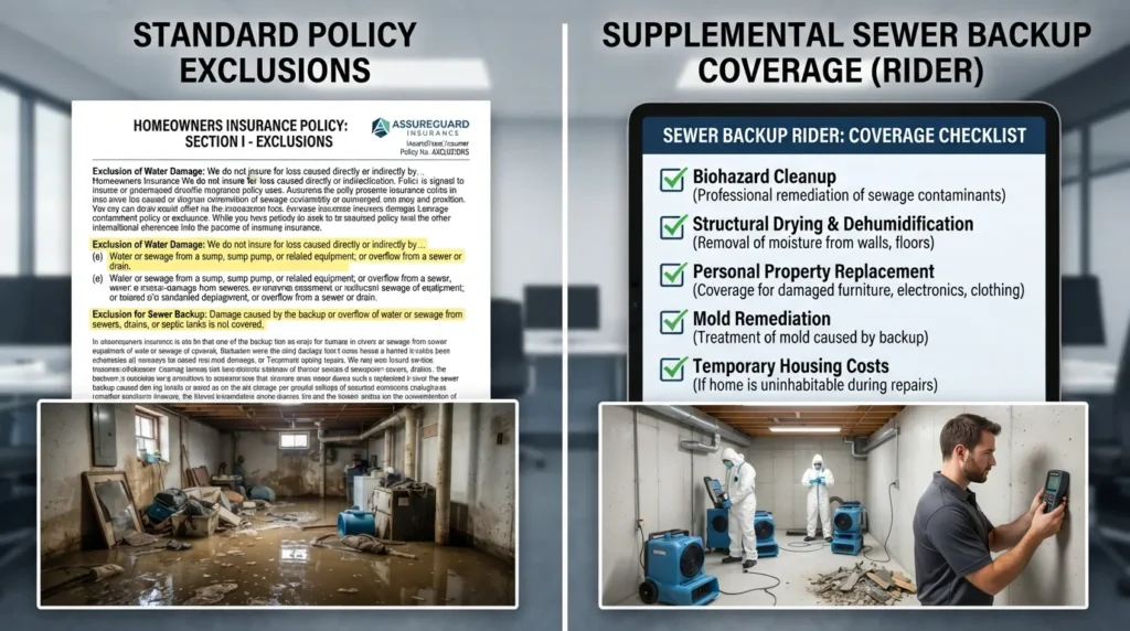 Homeowner reviewing an insurance policy document with a highlighted sewer backup exclusion clause next to a flooded basement.