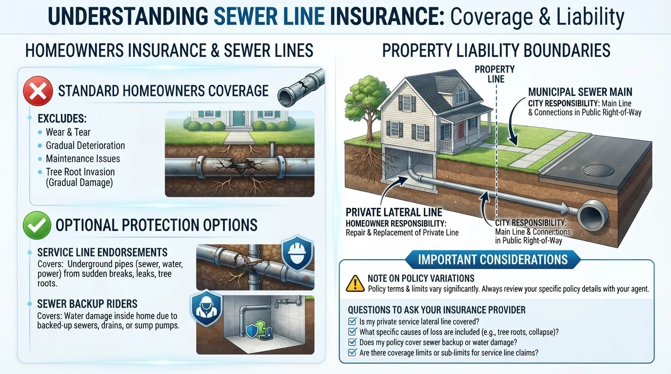 Infographic illustrating homeowners insurance coverage for sewer line repairs, service line endorsements, and private lateral versus municipal main responsibilities.