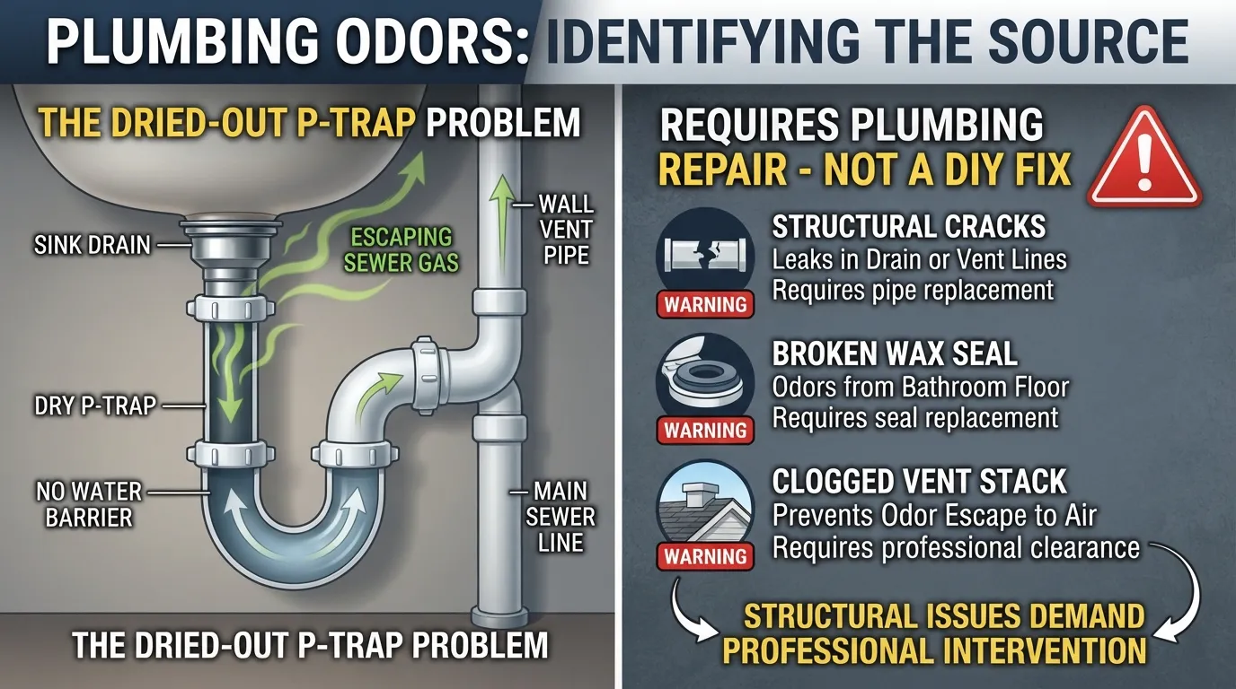 Close-up of a residential bathroom floor drain with an informational overlay explaining why sewer gas smells do not resolve without fixing the root cause.