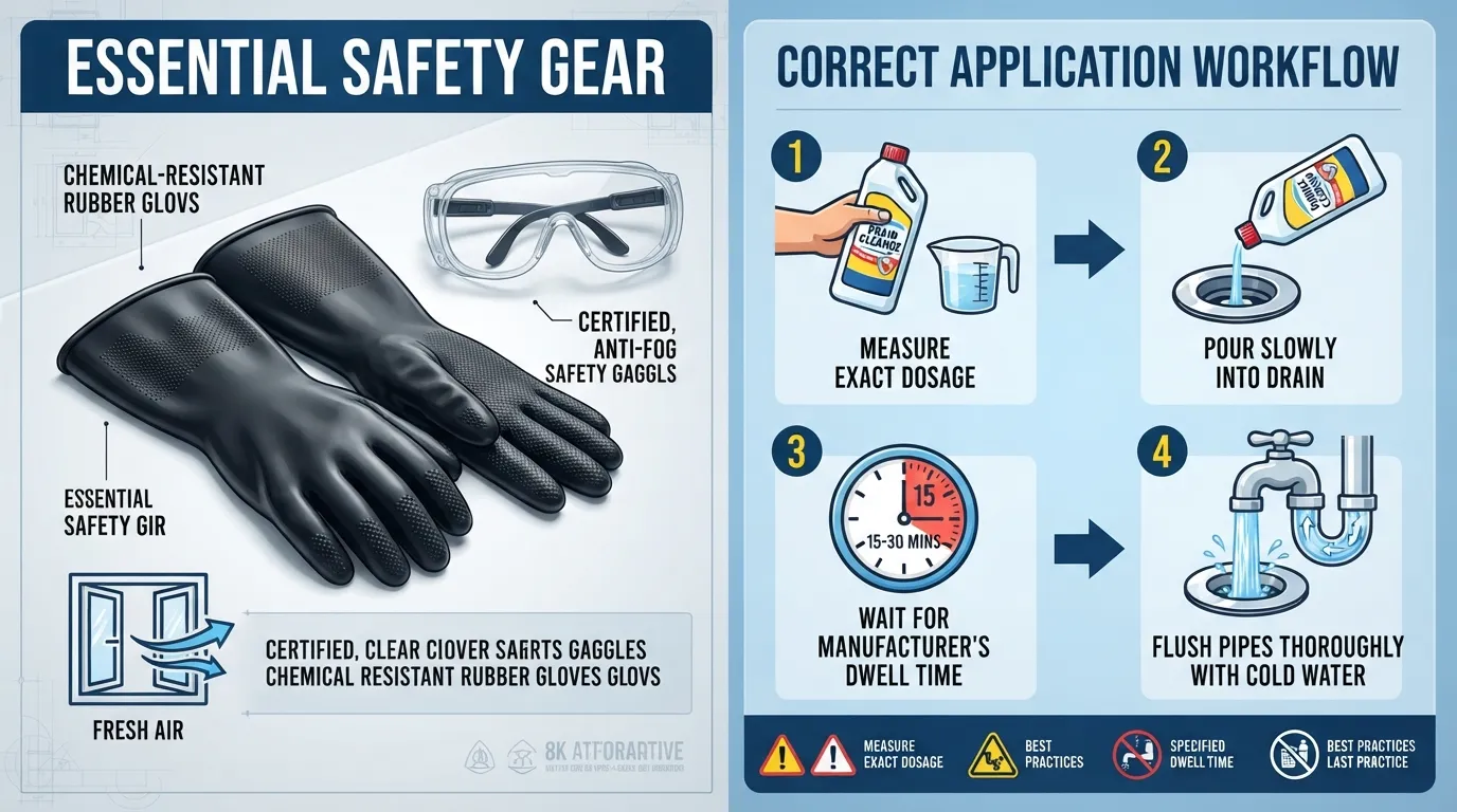 Infographic displaying safety gear, protective gloves, goggles, and proper application steps for using liquid and chemical drain cleaners safely.