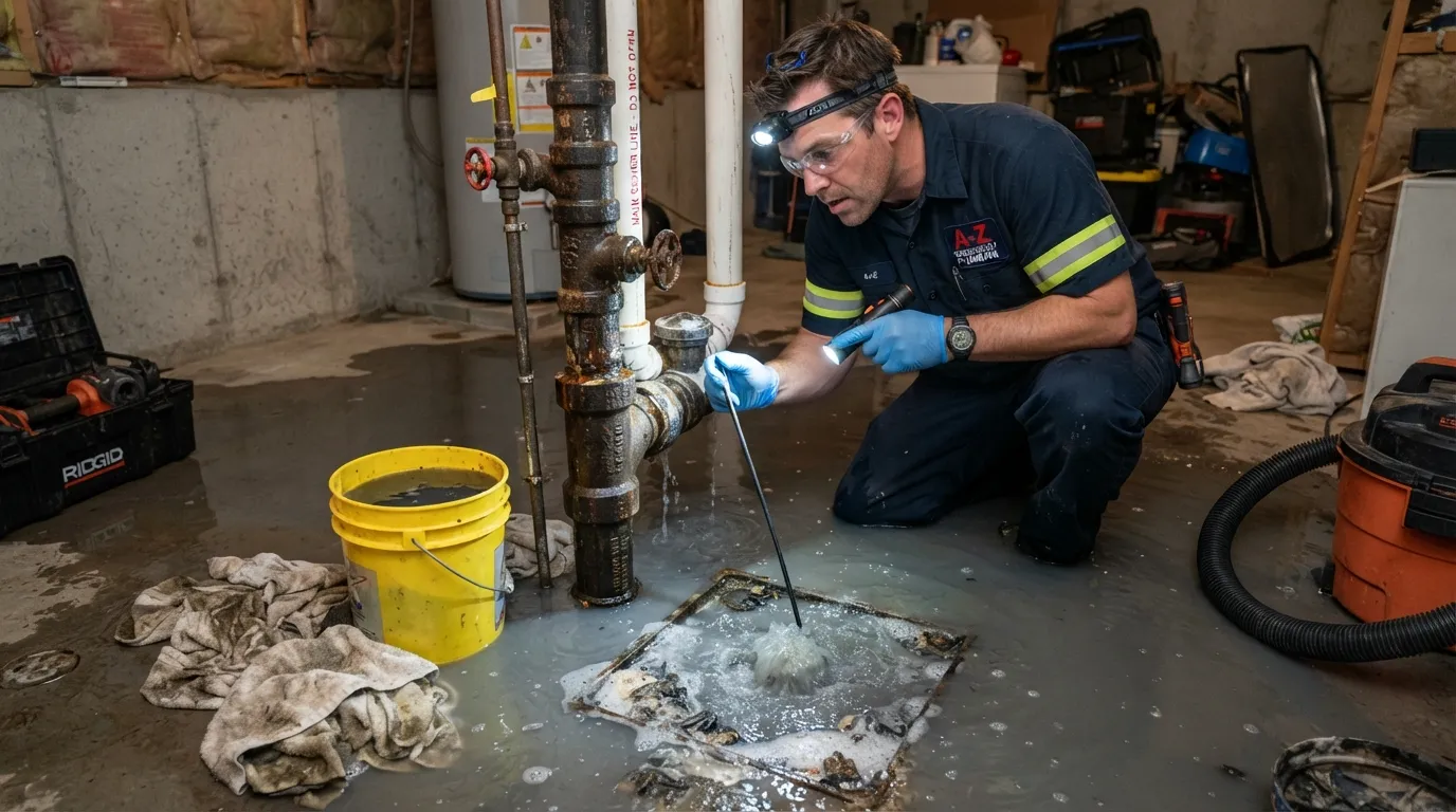 Professional emergency plumber inspecting severe wastewater backup and flooded floor drain during a plumbing disaster