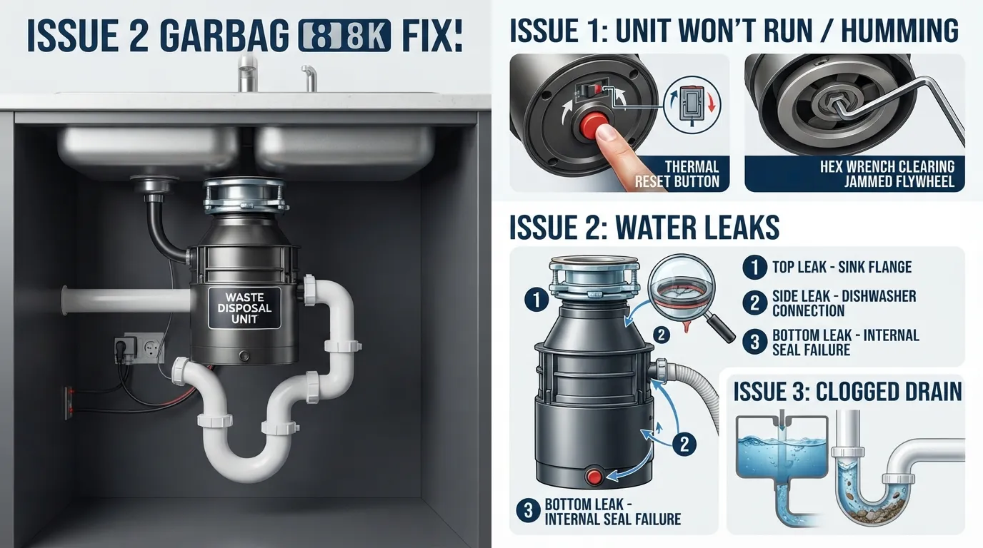 An informative infographic highlighting common garbage disposal problems, troubleshooting steps, and repair solutions under a kitchen sink.
