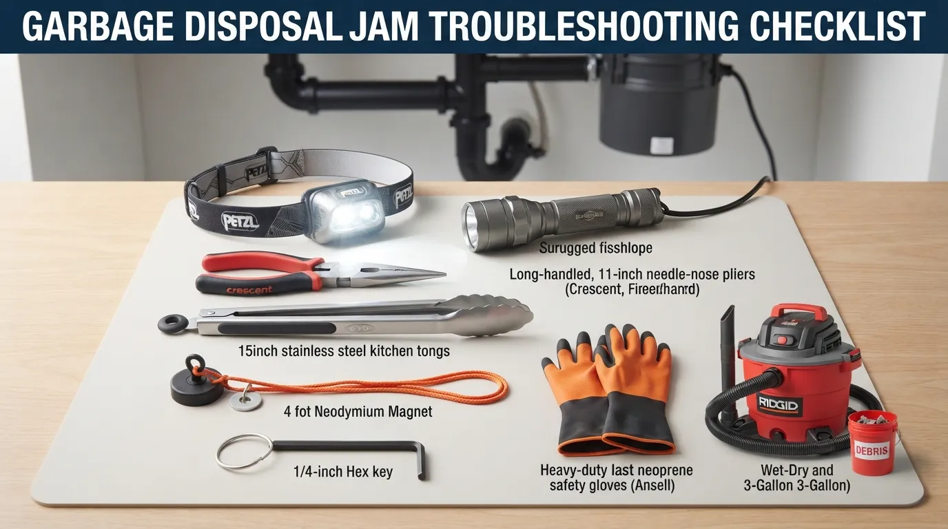 A flat lay of essential tools for garbage disposal retrieval, including a flashlight, needle-nose pliers, kitchen tongs, a magnet on a string, and a 1/4-inch hex wrench.