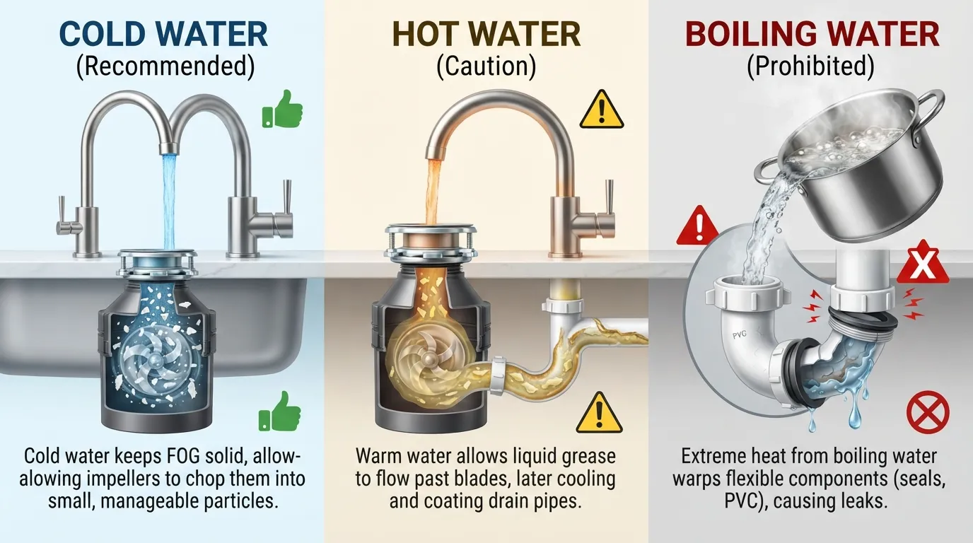 Infographic comparing garbage disposal water temperatures showing cold water solidifying grease, hot water melting fats, and boiling water damaging PVC pipes.