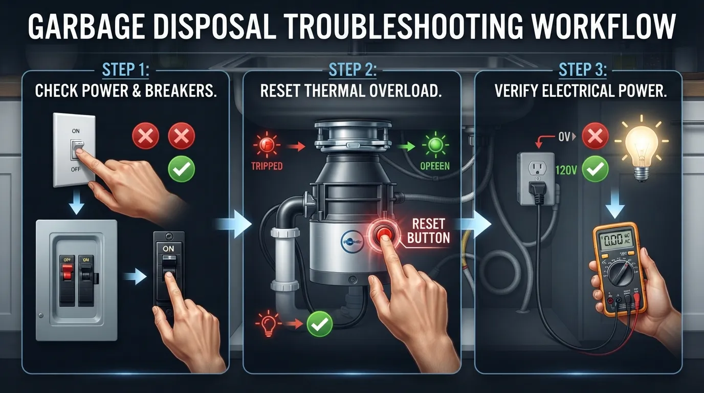 A step-by-step troubleshooting diagram showing how to check the power switch, circuit breaker, and reset button when a garbage disposal won't turn on.