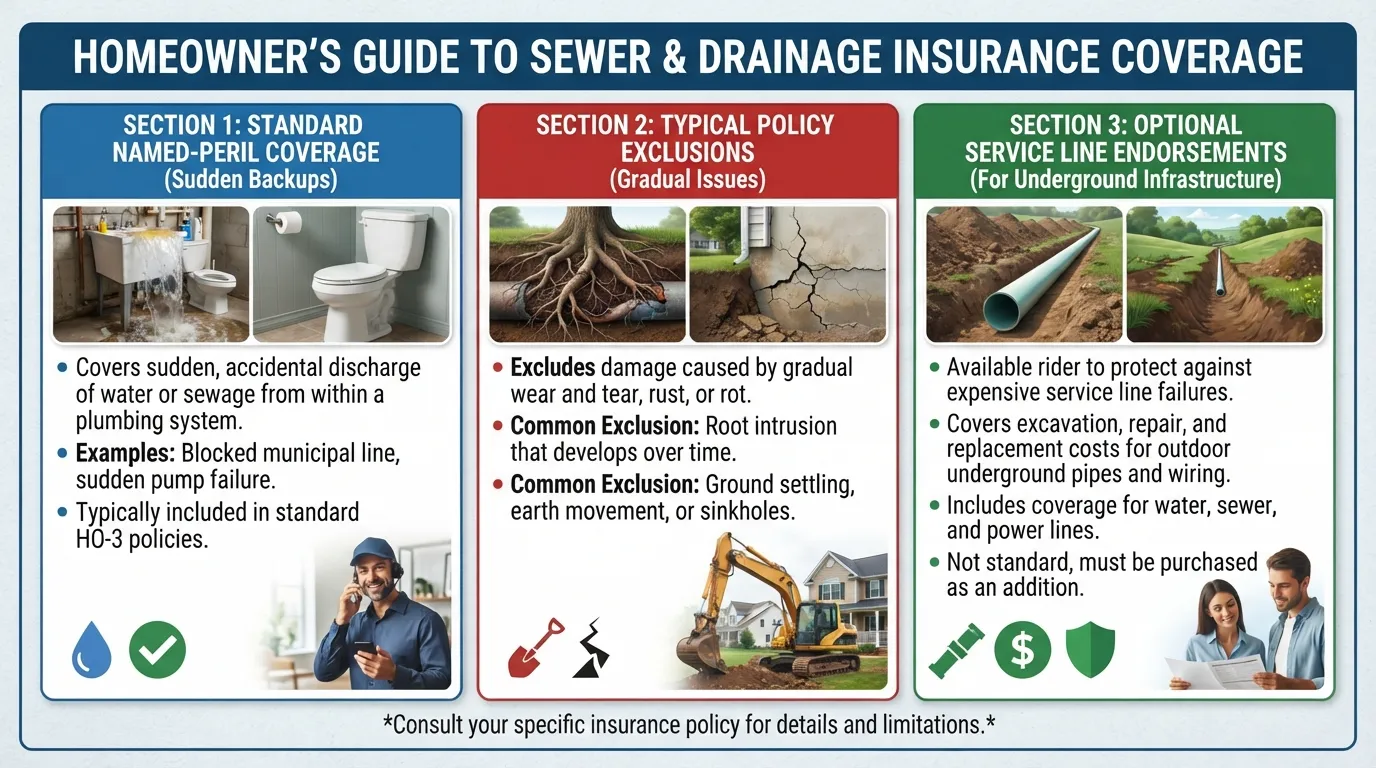 A detailed insurance policy document alongside an illustration of a residential home and underground sewer pipe, representing homeowners insurance coverage terms for cracked sewer lines.