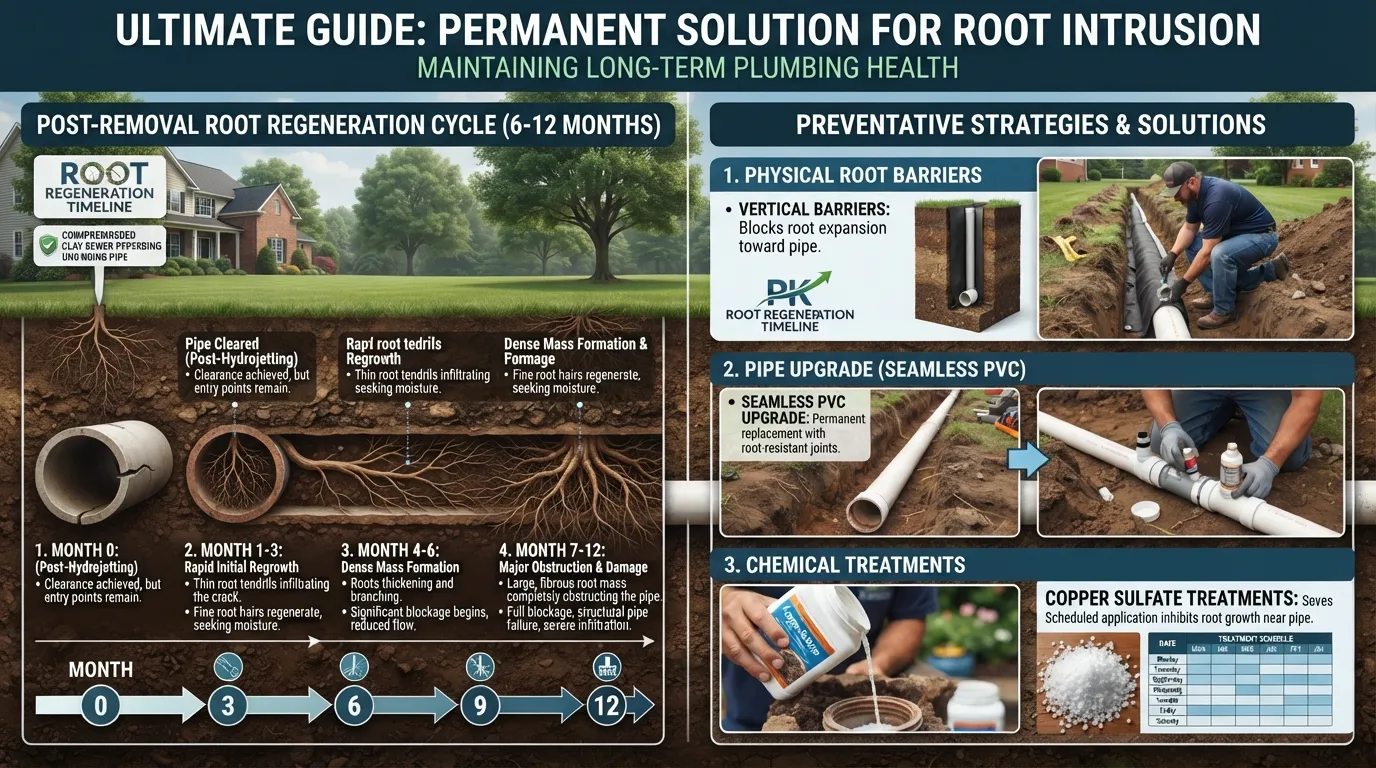 Close-up photo of a sewer line maintenance technician treating a pipe with root prevention chemicals and root barriers to stop future tree root regrowth.