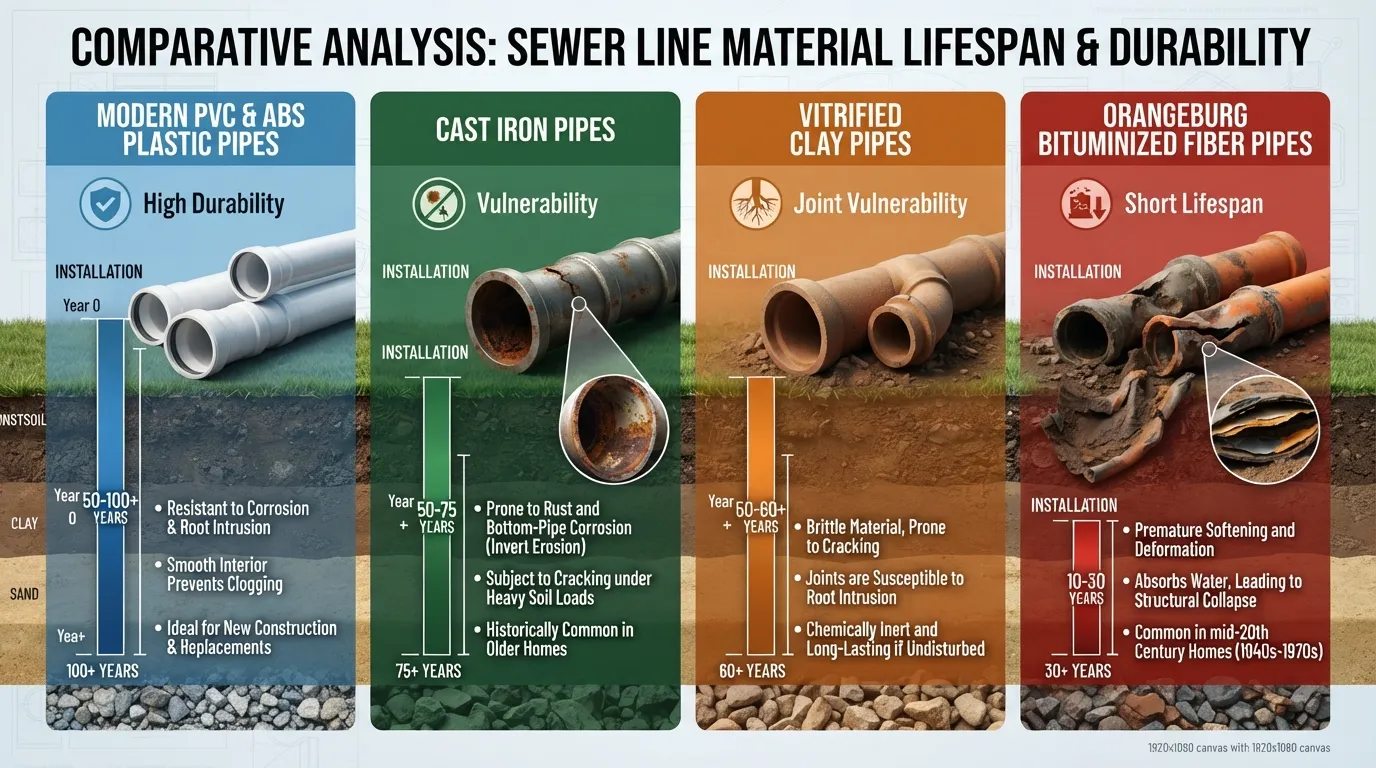 Infographic chart comparing the lifespan of various sewer line materials including PVC, cast iron, clay, and Orangeburg pipes.