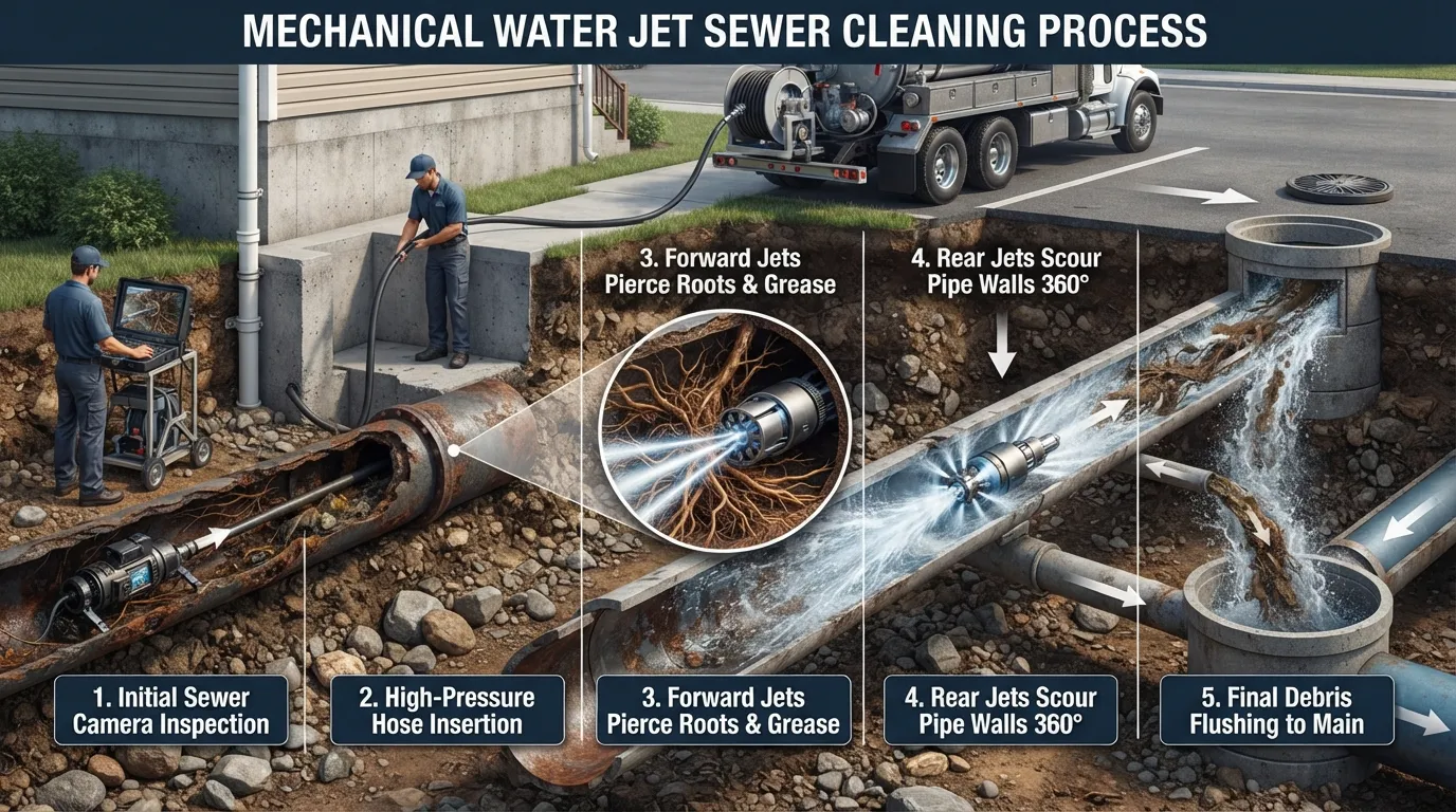 Infographic illustration showing the multi-step water jet sewer cleaning process, from initial camera inspection and nozzle insertion through a cleanout to 360-degree high-pressure pipe scouring.