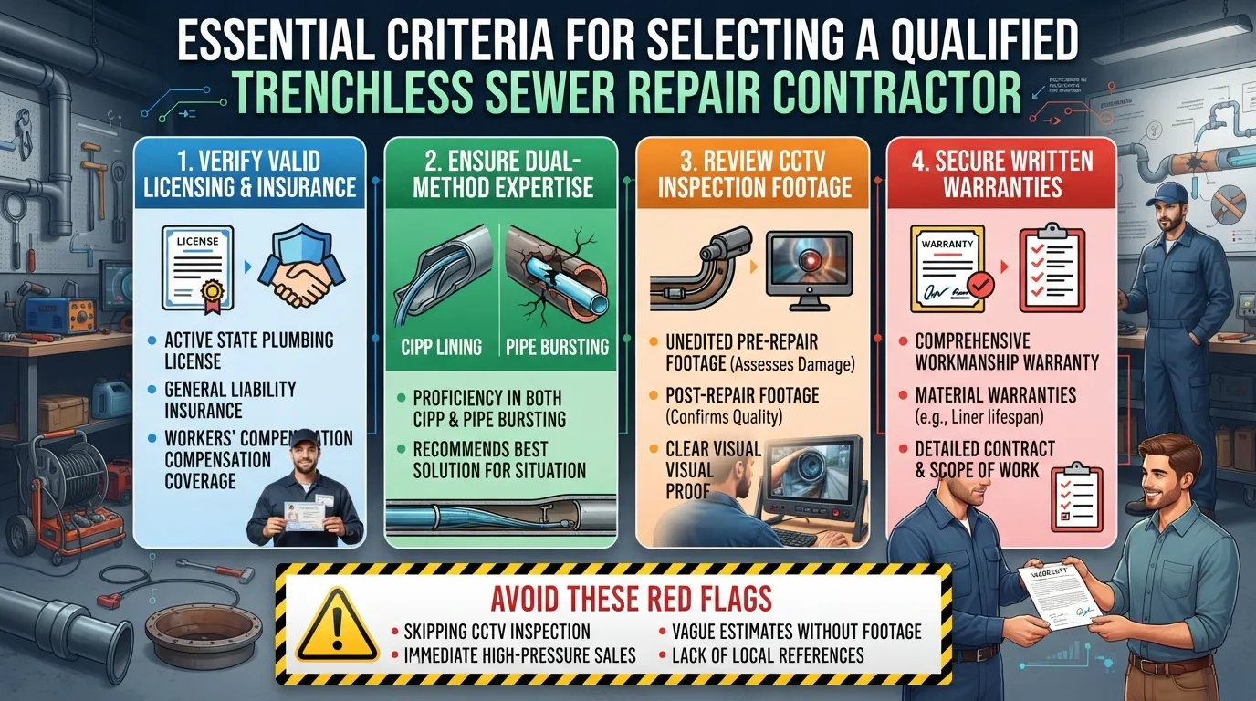 Checklist and criteria for hiring a licensed and experienced trenchless sewer repair contractor, showing licensing, camera inspections, and warranties.