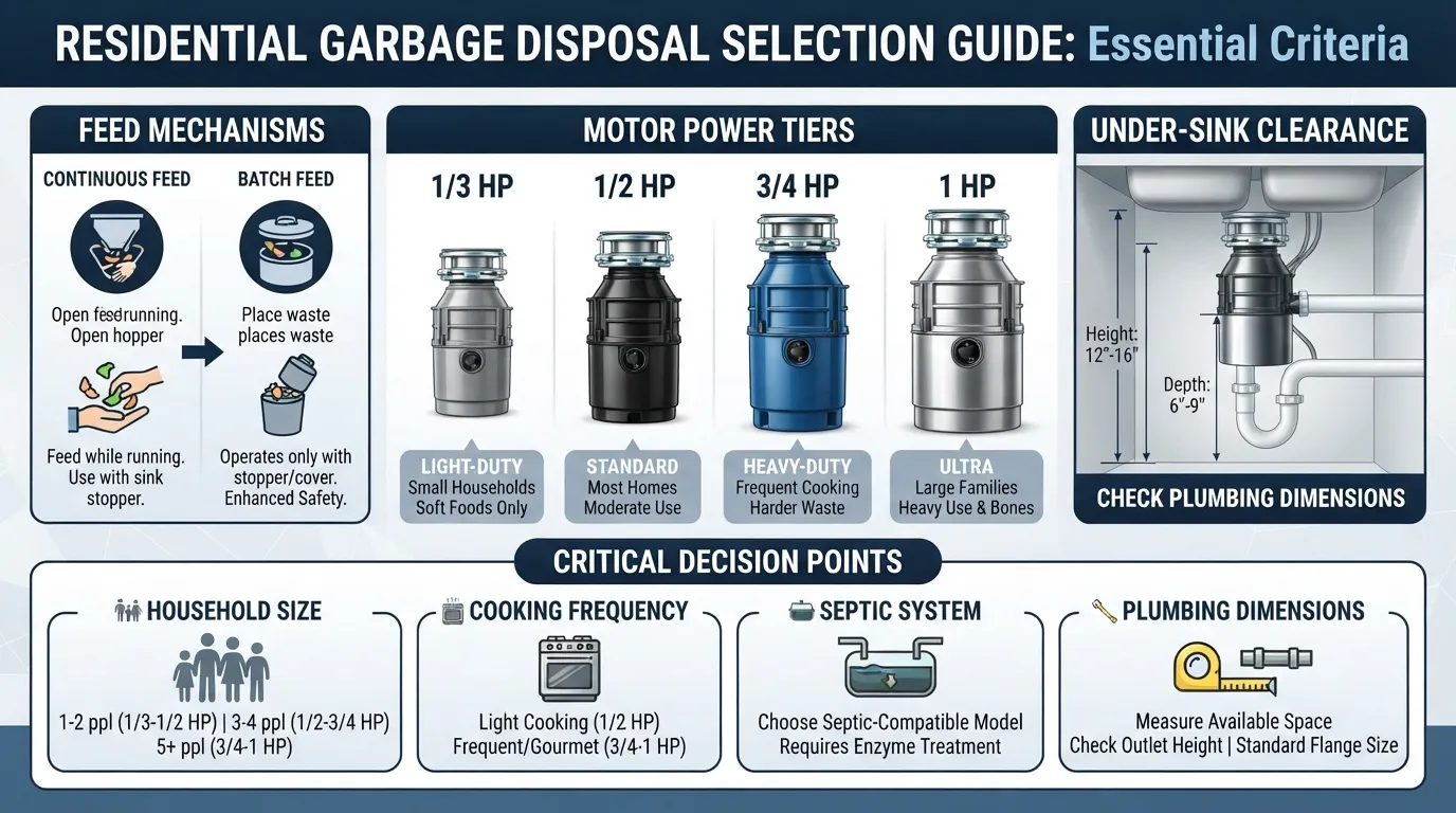 Professional plumber evaluating different garbage disposal models, horsepower sizes, and under-sink plumbing setups in a modern kitchen.