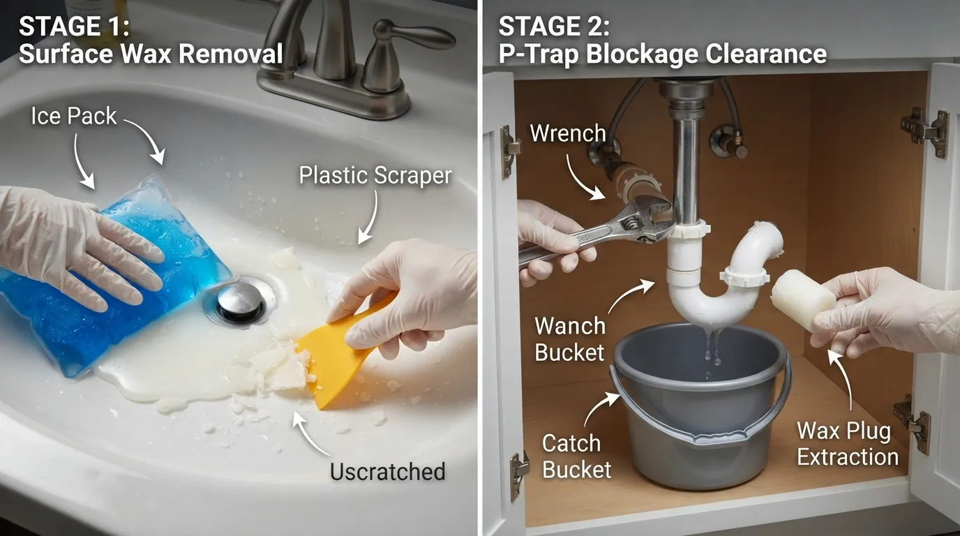 Step-by-step visual guide showing how to remove hardened wax from a bathroom sink basin and clear a clogged P-trap plumbing pipe.