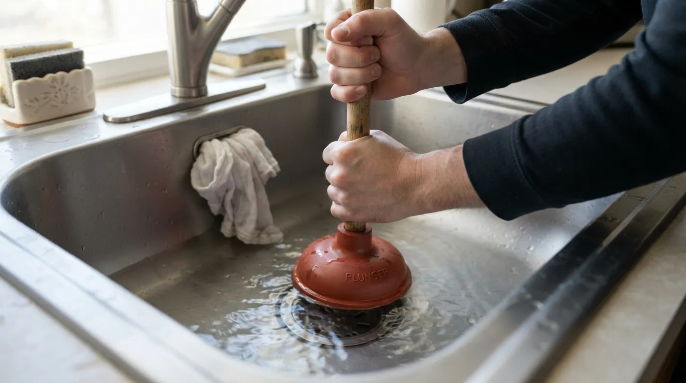 Person using a cup plunger on a kitchen sink drain filled with water and a rag blocking the overflow hole.