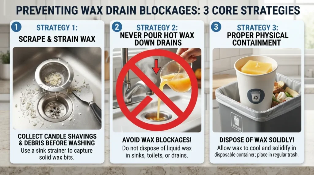 Infographic showing step-by-step methods to prevent candle wax from clogging a sink, including using a sink strainer and tossing hardened wax into the trash.
