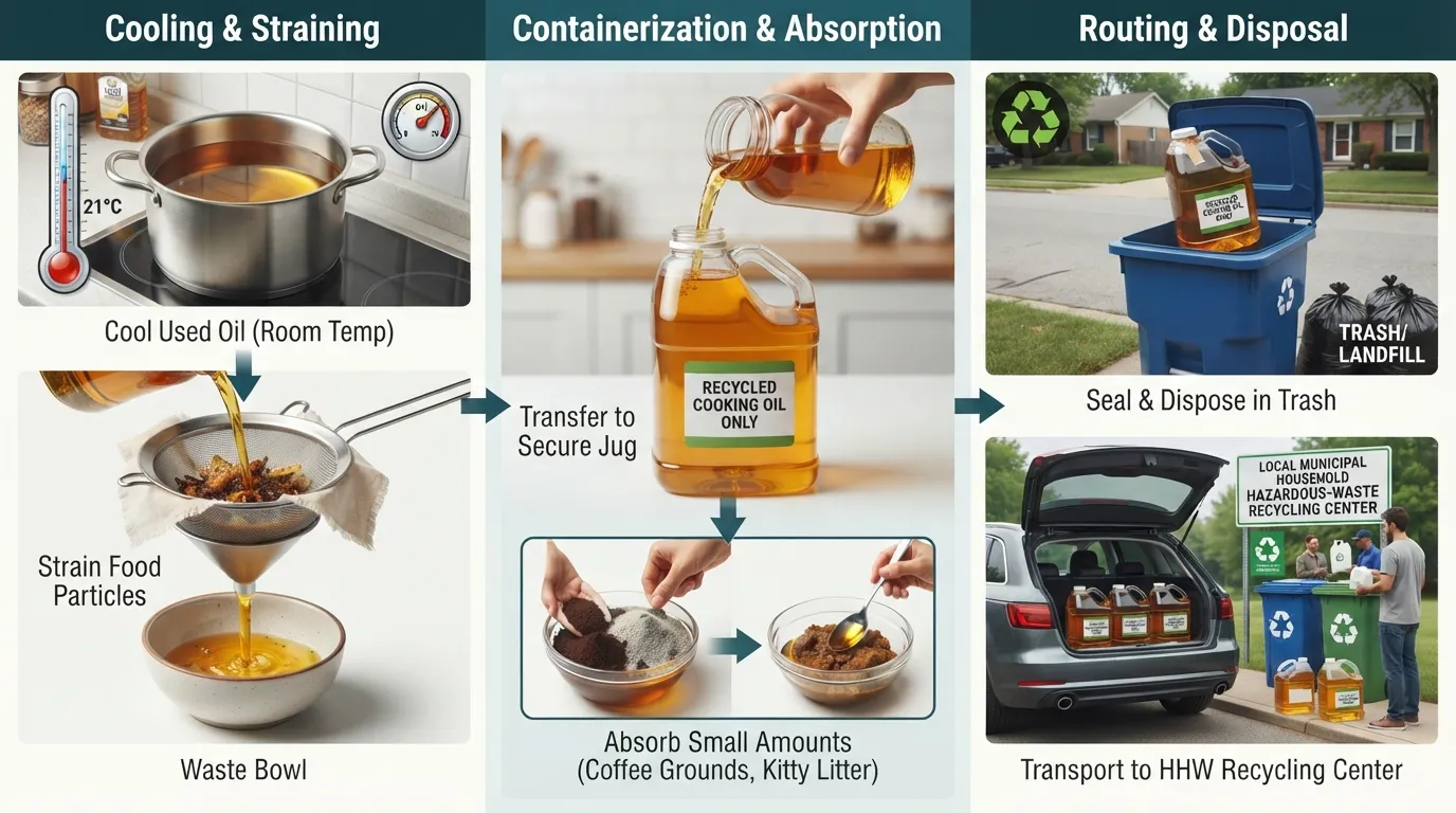 Step-by-step visual guide showing how to properly cool, strain, and seal waste cooking oil into a container for municipal hazardous waste drop-off or safe household trash disposal.