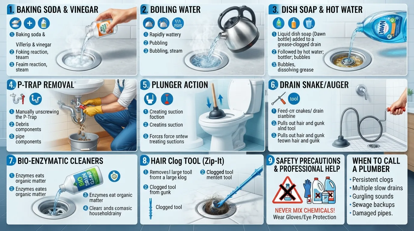 Infographic illustrating nine natural home remedies and methods to unclog a drain using baking soda, vinegar, and tools.