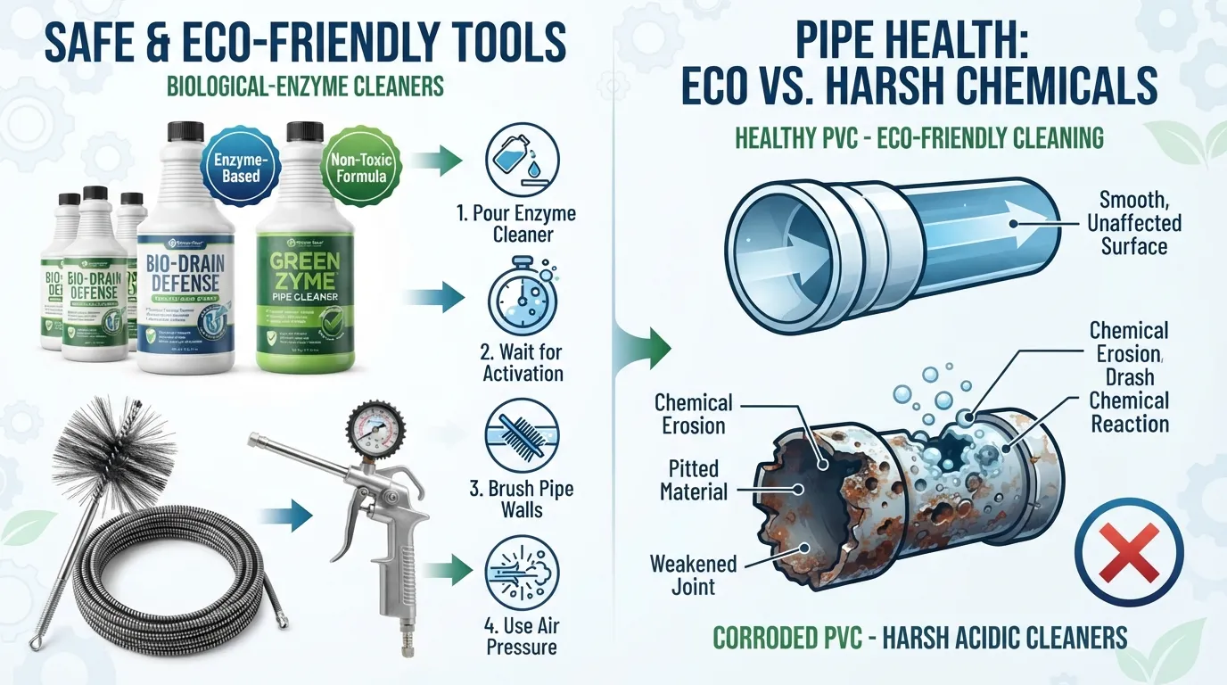 Infographic showing safe, chemical-free tools and natural methods like enzyme cleaners and compressed air to unclog a residential drain without damaging pipes.