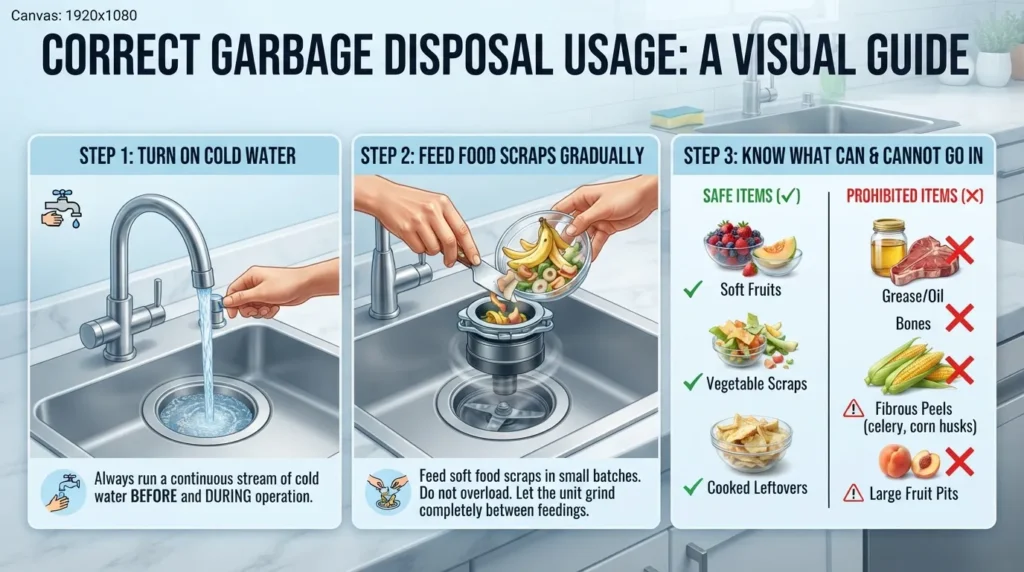 Infographic illustrating how to use a garbage disposal properly with cold water, small food scraps, and safety dos and don'ts