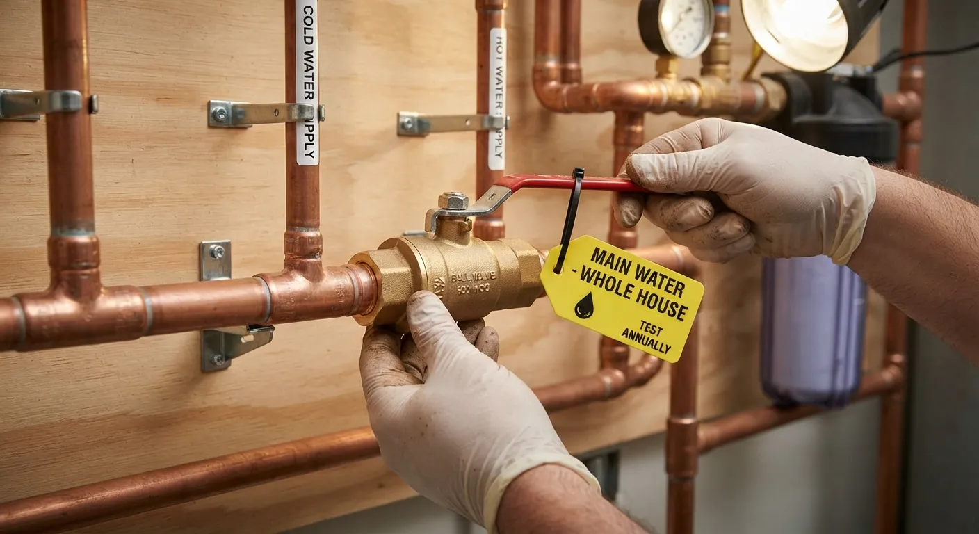 A technician inspecting a main brass water shutoff valve and attaching a clear, color-coded identification label in a utility room.