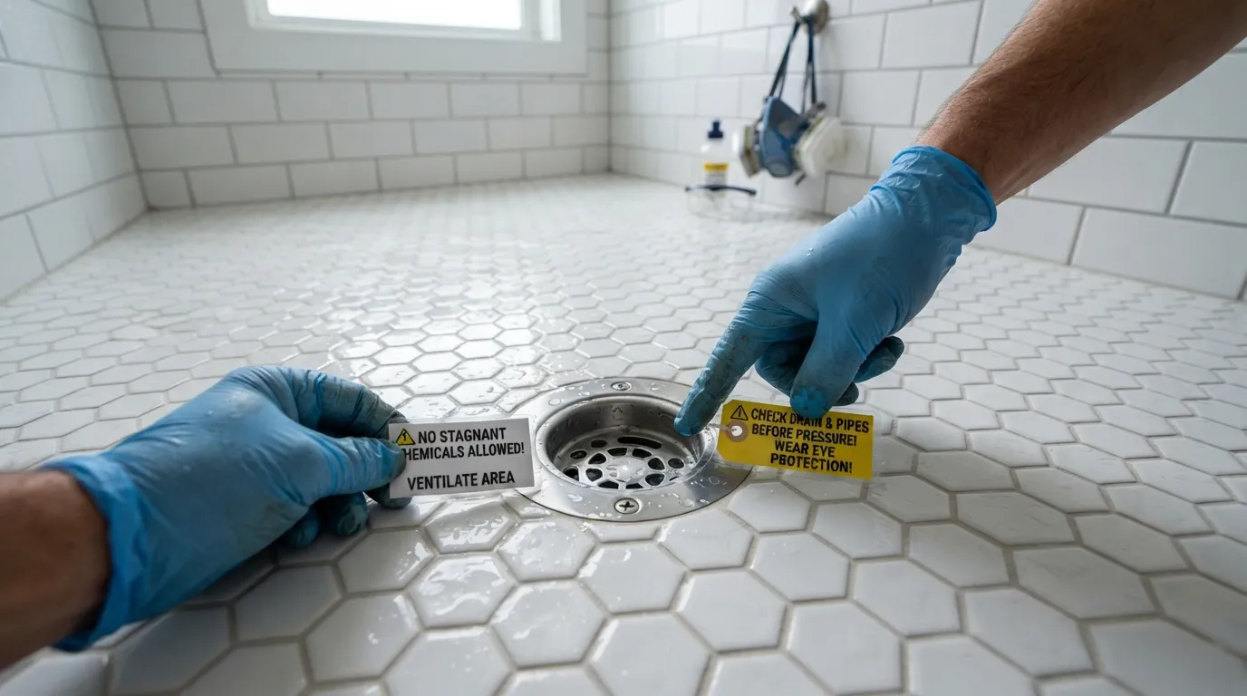 Close-up view of a person wearing safety gloves inspecting a shower drain before plunging, highlighting safety precautions and chemical check warnings.