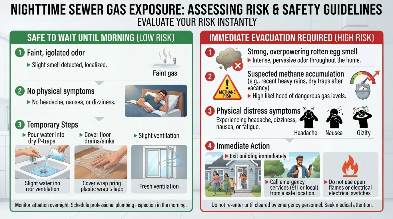 A concerned homeowner checking conditions in a bedroom while evaluating whether it is safe to sleep in a house with a suspected sewer gas leak.